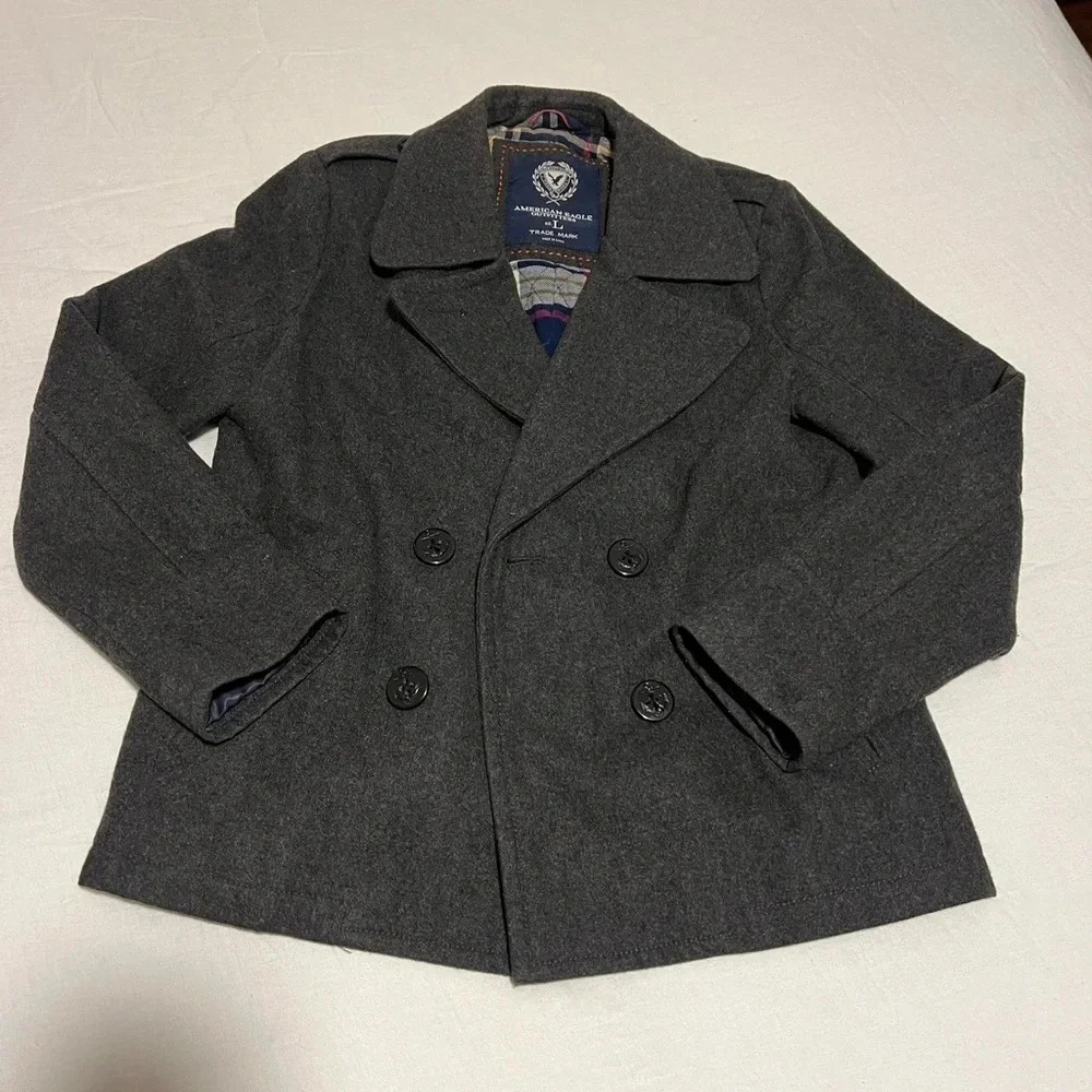 American Eagle Women’s Short Pea Coat Wool With Plaid Liner Dead Stock Gray